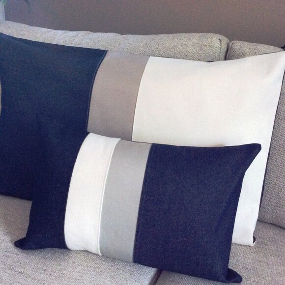 2 NEW Custom Color Block Pillows Navy, Cream Nautical Stripe, Coastal Home Decor - Picture 4 of 5